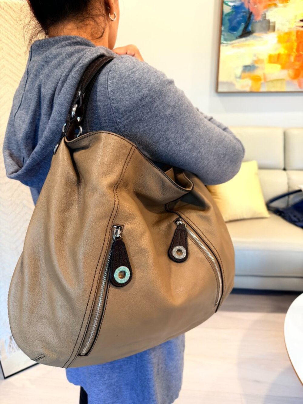 Etienne Aigner Taupe Leather Hobo Shoulder Bag Brown Trim